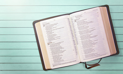 Fototapeta premium Bible on a Wooden Table Set out for a Personal Bible Study