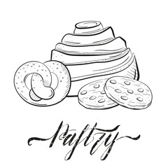 bakery roll, biscuits with chocolate, brezel vector illustration isolated on white background sketch style. sweet clipart for a restaurant or café menu. Line art