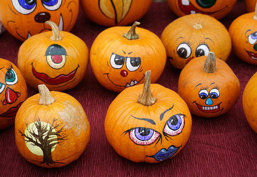 group of painted pumpkin for Halloween in autumn