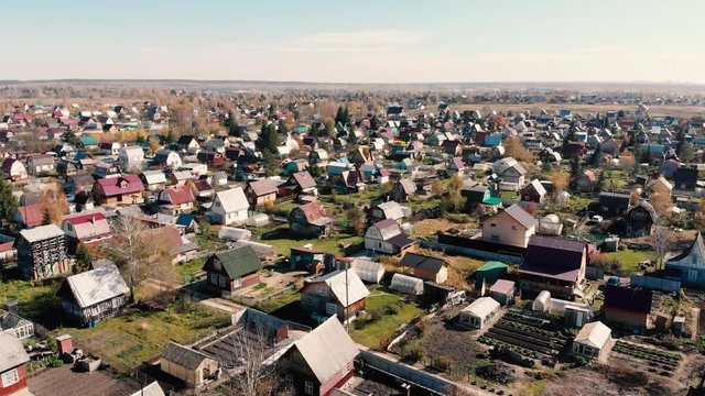 Flying over the countryside garden houses