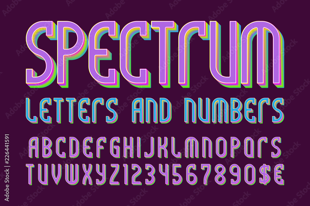 Fototapete spectrum colored letters and numbers with currency symbols. iridescent vibrant font.