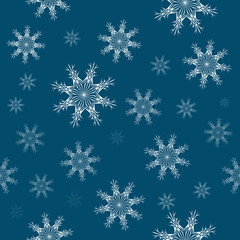 Fototapeta na wymiar Vector seamless christmas background with snowflakes of different size scattered on blue background