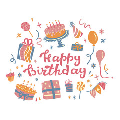 Happy Birthday Lettering Illustration with Doodle Party Elements.