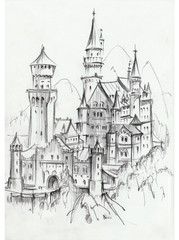 Drawing of architectural structures of the medieval fairy-tale castle in the mountains of Germany . Cityscape sketch handmade .