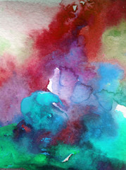 Watercolor abstract bright colorful textural background handmade . Painting of sky and clouds during sunset . Modern cosmic pattern . Shine