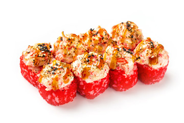 Set of hot california sushi rolls with lava maki and tobico isolated at white background.