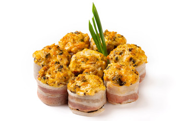 Set of sushi rolls wrapped in bacon with maki topping isolated at white background.