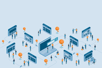 :   isometric  web page design development and digital business online research concept
