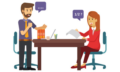 Two people talking about business