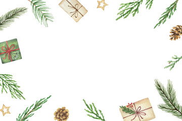 Watercolor vector Christmas frame with fir branches and place for text.