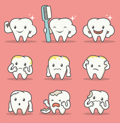 Set of many tooth mascot with expression and pose