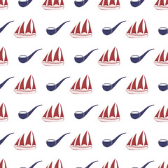 Obraz premium Nautical seamless pattern with ship and tobacco pipe.