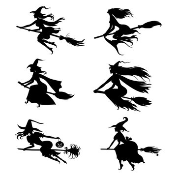 Halloween witches silhouettes on broom set