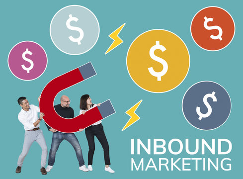 Team with inbound marketing icons - Powered by Adobe