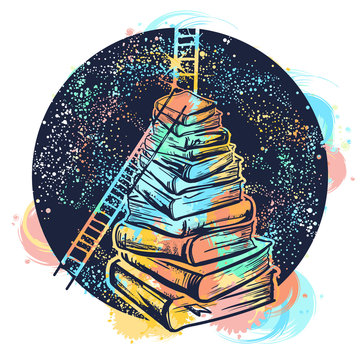 Ladders on stack of books tattoo watercolor splashes style. Symbol of education, science, knowledge, studying, dreams t-shirt design