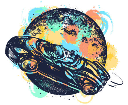 Astronaut drives car through Universe watercolor splashes style, car in space tattoo and t-shirt design. Symbol of science, travel to Mars, future technologies, dream, imagination