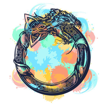 Ouroboros tattoo watercolor splashes style. Celtic dragon eating its own tail. Medieval symbol of eternity and infinity, life and death, beginning and end, magic, t-shirt design