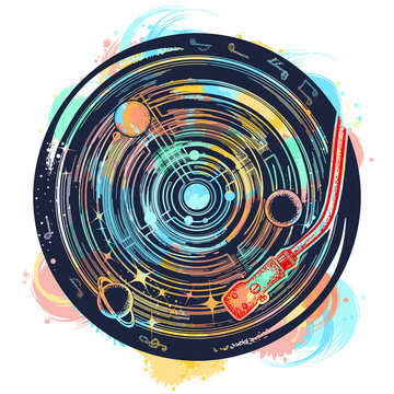 Vinyl disk universe and music notes tattoo watercolor splashes style.  Symbol of space music, meditation, dream, inspiration t-shirt design Stock  Vector | Adobe Stock