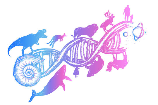Evolution tattoo.  Symbol of science, education, medical technologies. People and animals on DNA chains, surreal t-shirt design. DNA concept. Evolution scale from unicellular organism to mammals
