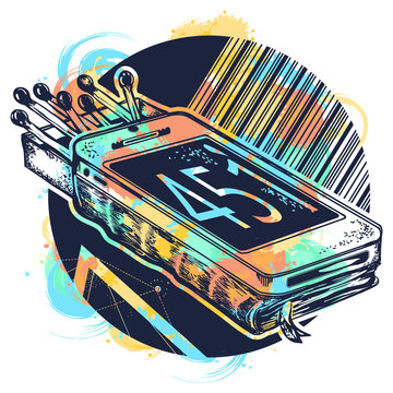 Book and matches tattoo and t-shirt design watercolor splashes style. Symbol of censorship and promotion, freedom and slavery.  Control over consciousness and internet, life deprived of civil rights