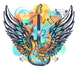 Guitar and wings tattoo watercolor splashes style. Rock and roll t-shirt design. Symbol of music, musical festivals. Electric guitar art