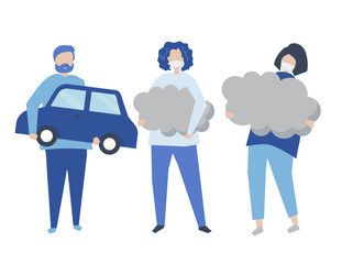 Character of people holding air pollution symbols illustration