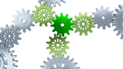 Top view of Big Metallic Gears with Small Green Pieces