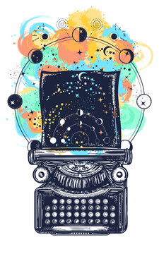 Typewriter tattoo watercolor splashes style. Symbol of imagination, literature, philosophy, psychology, imagination. Antique typewriter with paper prints Universe