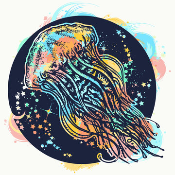 Jellyfish watercolor splashes style tattoo and t-shirt design. Symbol of wandering, deep sea, travel, meditation