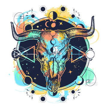Bison skull tattoo watercolor splashes style. Native American bull skull symbol of secret knowledge, Shamanism. Soul of prairies against background of the Universe t-shirt design