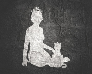 The woman sitting with cat. Young lady wearing crown