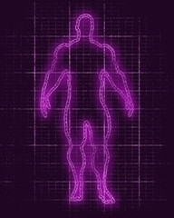 Bodybuilder silhouette. Muscular man posing. Mechanical engineering drawing style background.