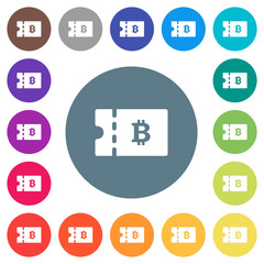 Bitcoin discount coupon flat white icons on round color backgrounds
