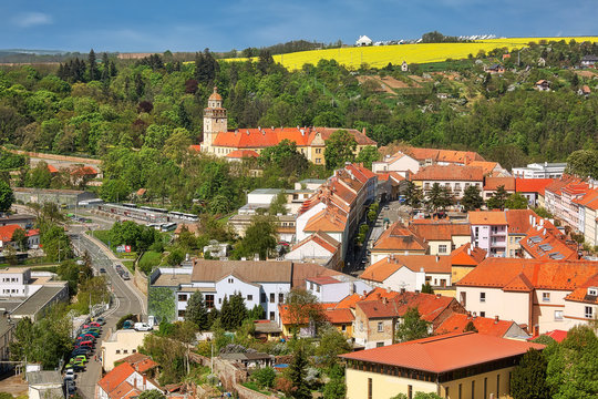Aerial view to the town of Moravsky Krumlov in Southern Moravia region, popular travel destination in Czech Republic