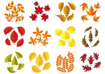 Fototapeta na wymiar Set of colorful autumn leaves isolated on white background. Green, red and orange fallen autumn leaves collection in flat style. Vector illustration