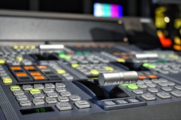 Equipment in control room for television production.