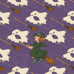 Witch, Brooms and Ghosts Seamless Pattern