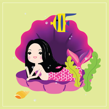Cute little mermaid with sea animals. Under the sea in cartoon style, Vector illustration.