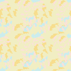 UFO military camouflage seamless pattern in light blue, yellow and pink colors