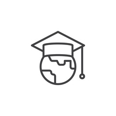 World Education outline icon. linear style sign for mobile concept and web design. Globe with graduation cap simple line vector icon. Symbol, logo illustration. Pixel perfect vector graphics