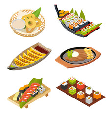 Sushi collection, isometric view, set. Vector flat illustration. Isolated on white background.