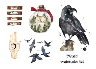 Magic set. Watercolor illustration on white isolated background