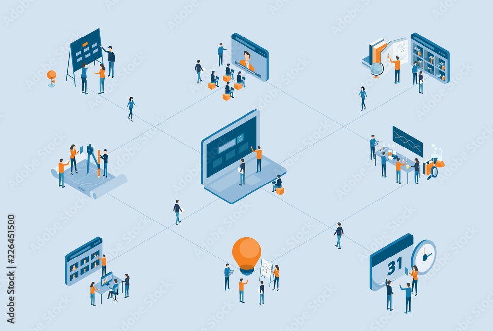 Poster isometric business project process concept with business team working concept