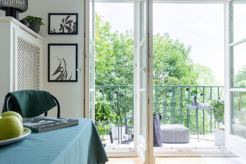 Urban jungle with green plants and trees outside a white dining room interior with place to rest on...
