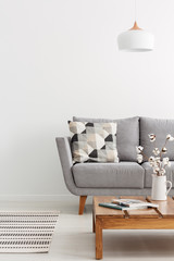 Vertical view of simple living room with wooden coffee table and grey couch with patterned pillow
