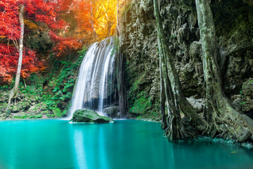 Amazing water fall in autumn forest at fall season 