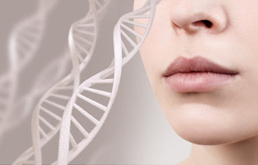 Perfect female lips among DNA chains.