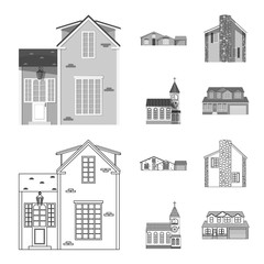 Vector illustration of building and front icon. Set of building and roof stock symbol for web.