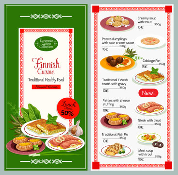 Finnish cuisine dishes vector menu