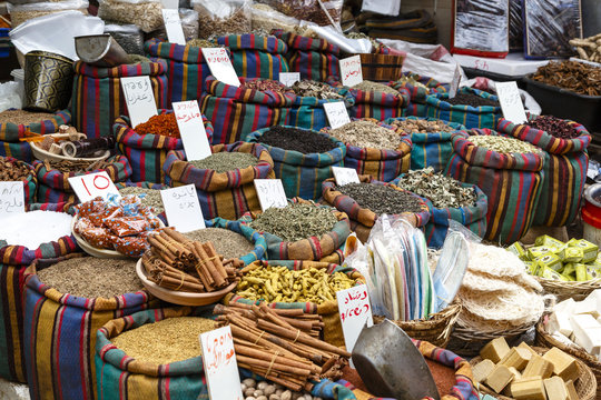 Spice stall at the market in the old city, Acre (Akko), Israel.